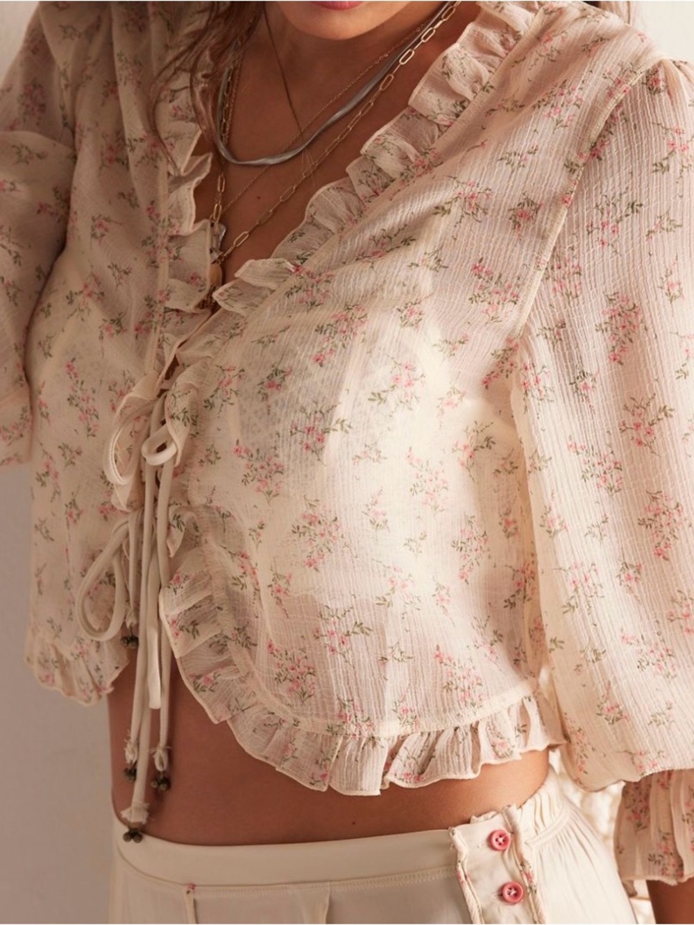 Free People Cream Floral Ruffled Tie-Front Blouse